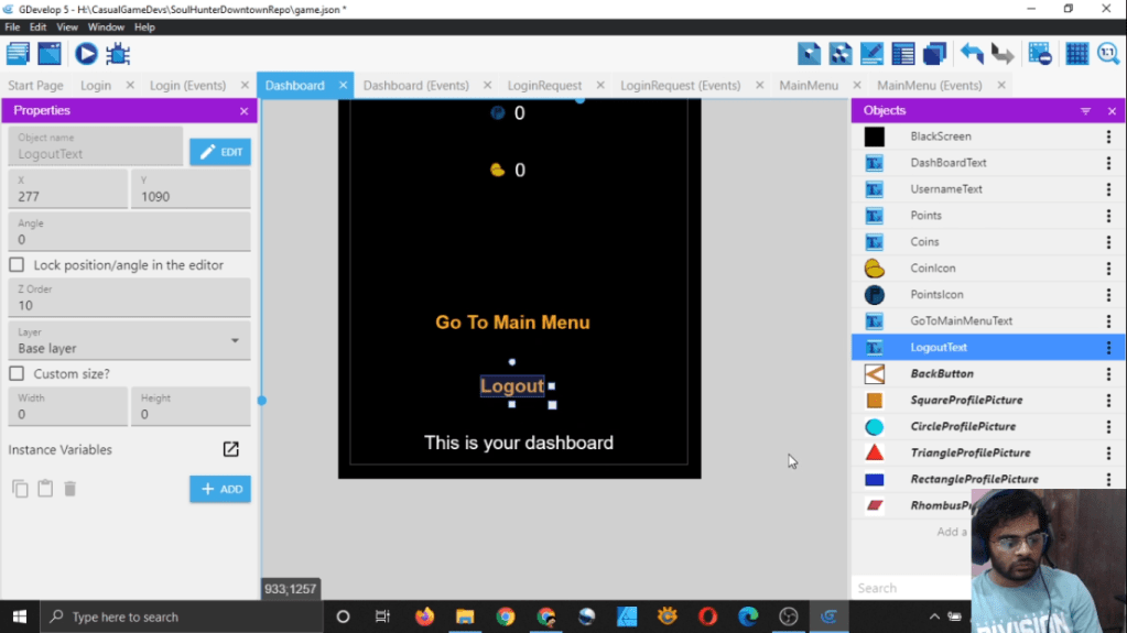 Gdevelop Casual Game Development Stream Part 37 [Add Login & Dashboard To Main Menu & Logout&nbsp;Logic]