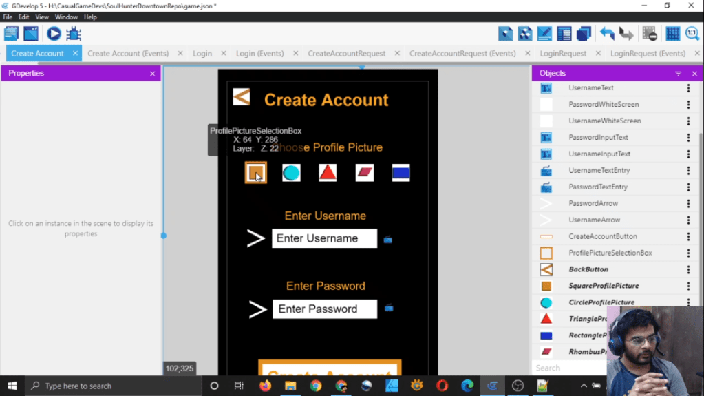 Gdevelop Casual Game Development Stream Part 38 [Design Account Creation&nbsp;Scene]