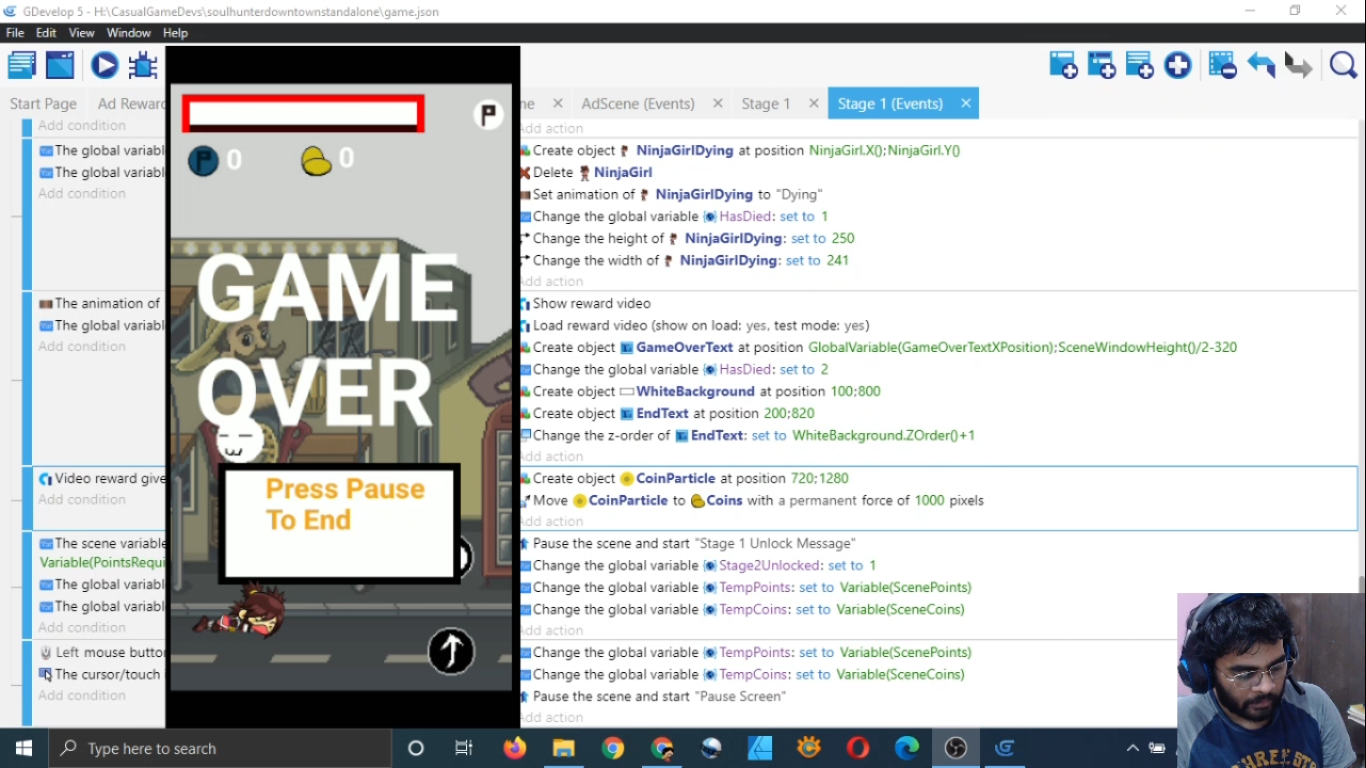 Gdevelop Casual Game Development Stream Part 33 [Add Reward Video Ad In Game Stages]