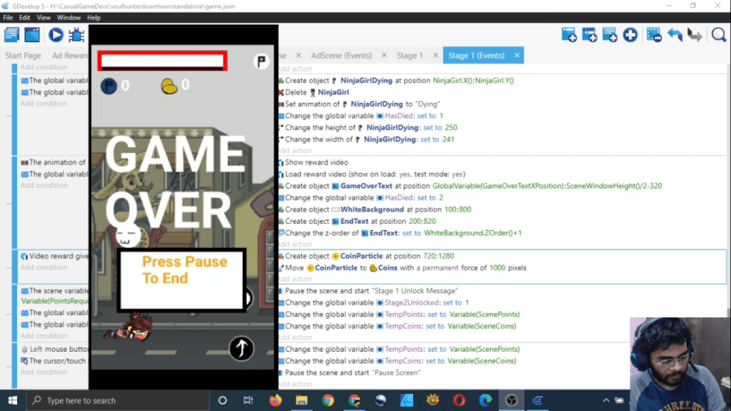 Gdevelop Casual Game Development Stream Part 33 [Add Reward Video Ad In Game&nbsp;Stages]