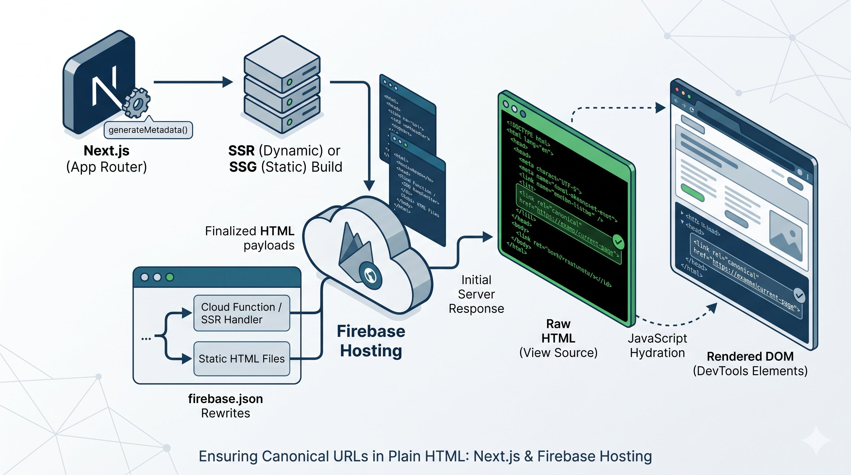 How we ensure canonical URLs appear in plain HTML (View Source) – Next.js on Firebase Hosting