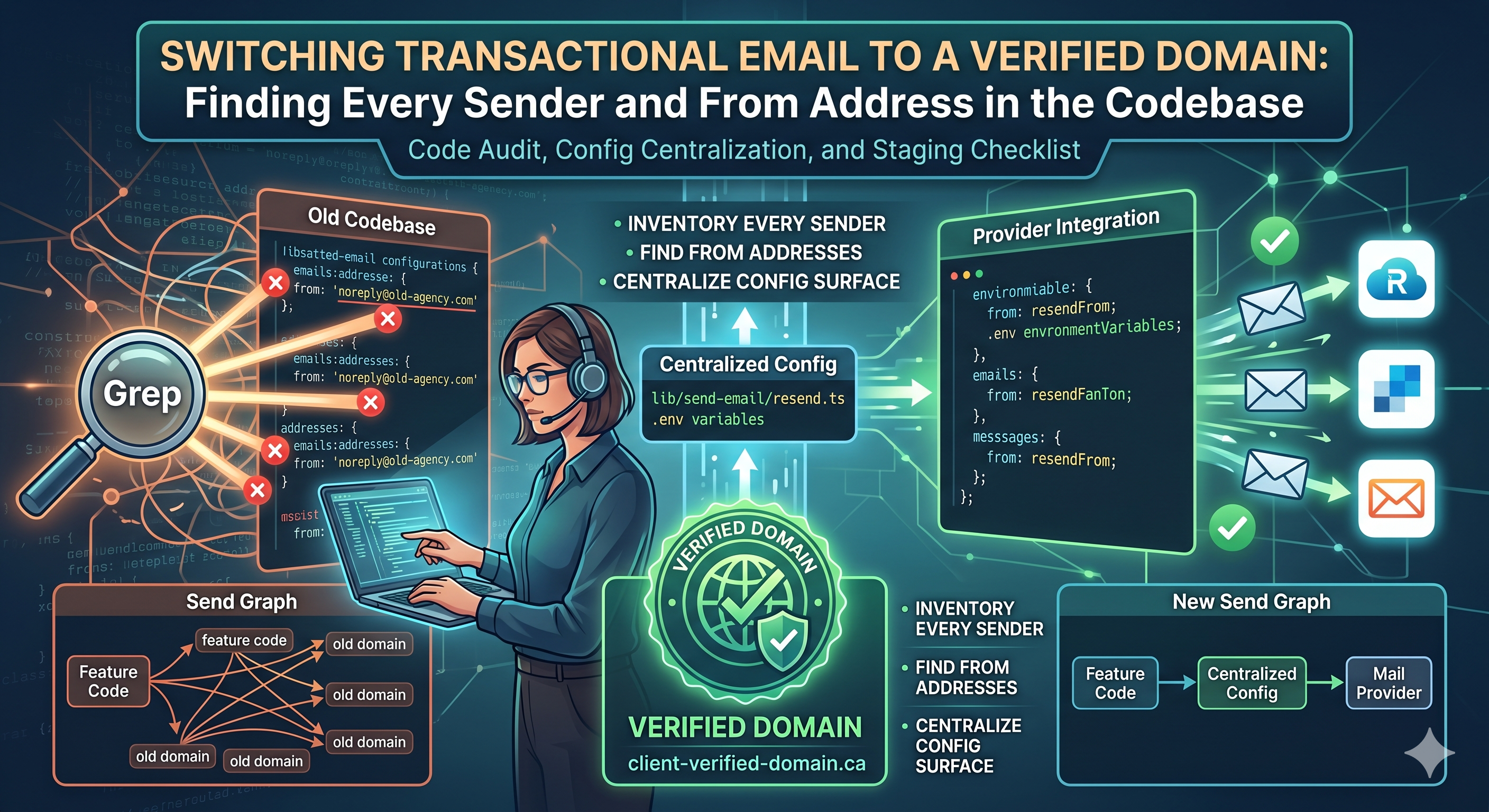 Switching transactional email to a verified domain: finding every sender and From address in the codebase